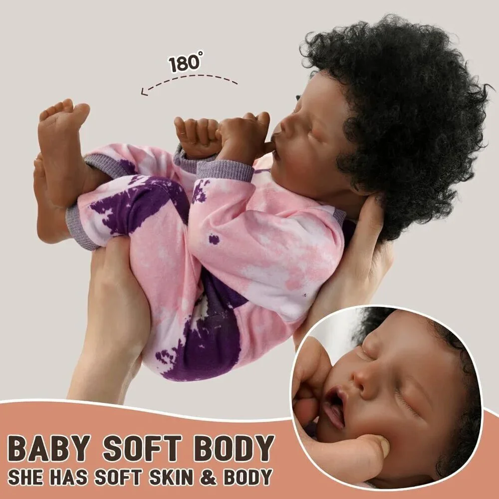 🆕17-Inch Cloth Body Baby Doll African American Soft Curls Hairs Baby Dolls Girl